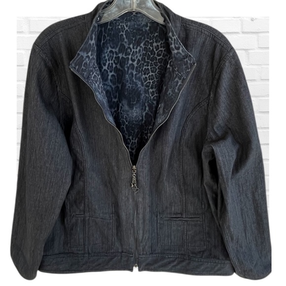 Chico’s Reversible Jean Jacket Animal Print Blue Zip Front Plus Size Denim - Picture 3 of 11